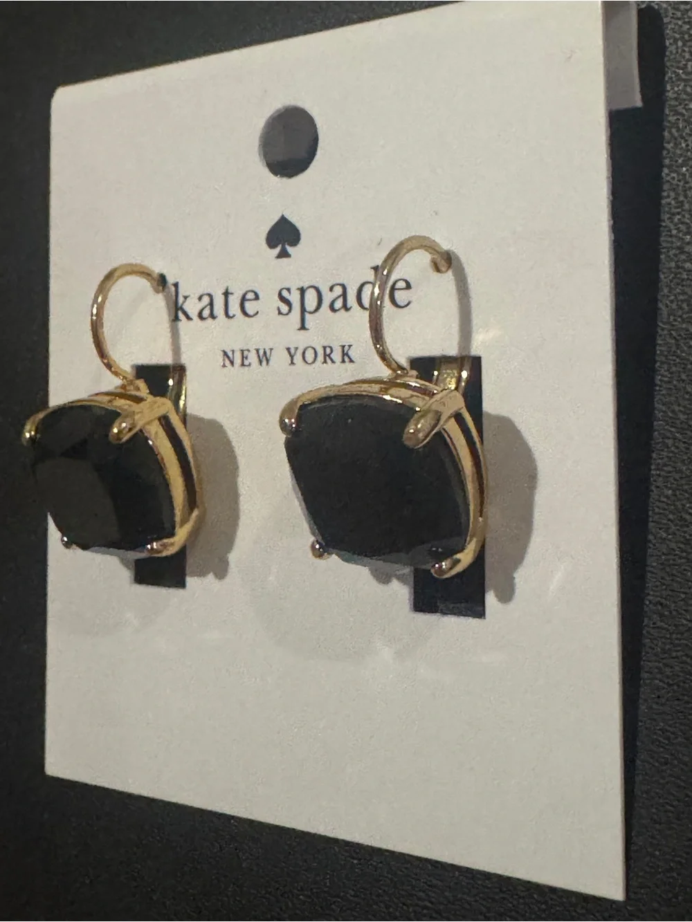 NWT Kate Spade Cushion Cut Cubic Zirconia Leverback Drop Earrings Jet Black Gold